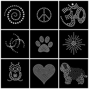 Neun Symbole in Perlen-Design: Spirale, Peace-Zeichen, Om, Pfote, Stern, Eule, Herz und Hund.